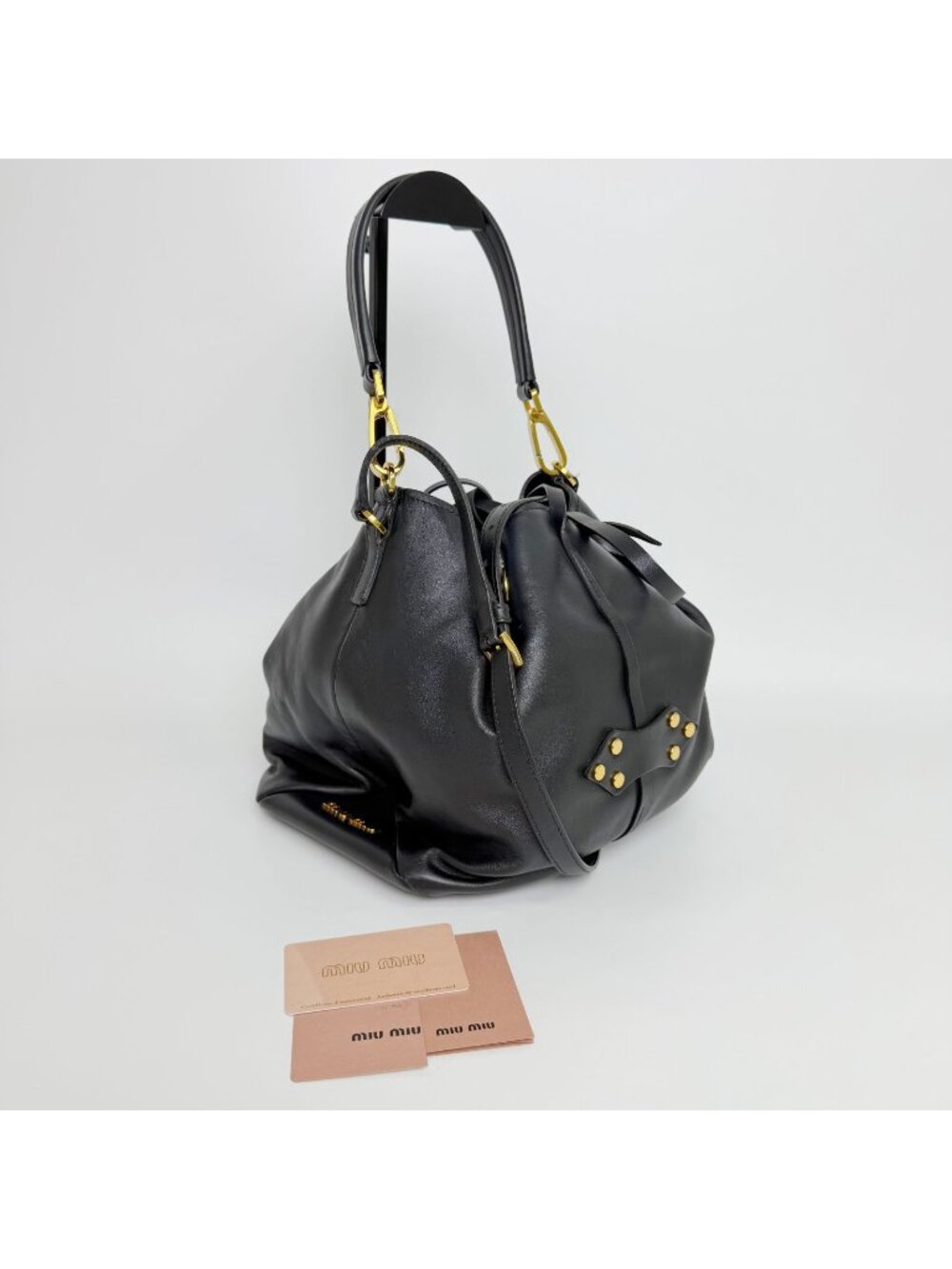 Miu Miu Vitello Leather Drawstring Studs Red Lining 2-Way Shoulder Bag Black